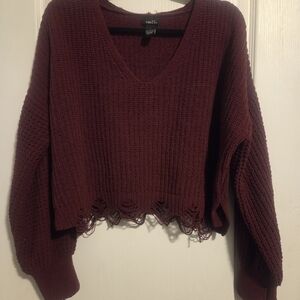Rue21 Women's Cropped Burgundy V-Neck Sweater